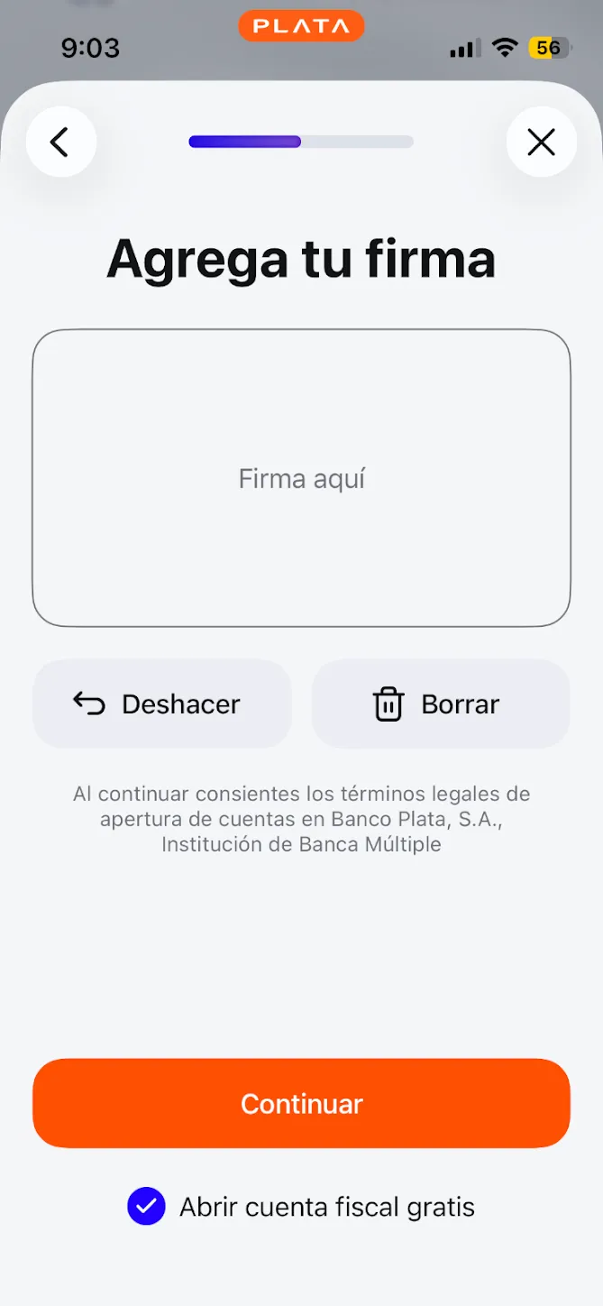 Banco Plata Cuenta Empresa application screen asking the applicant to choose an industry