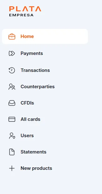 Banco Plata Cuenta Empresa navigation displayed in English